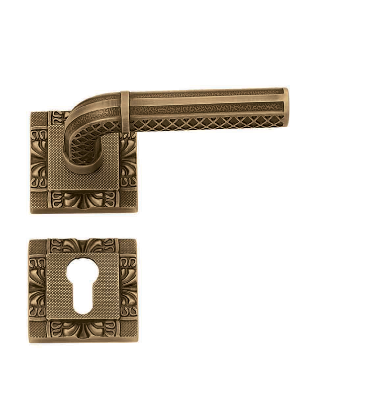 Carved mortise door handle and lock on rosette for apartments